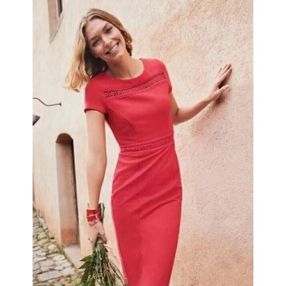 Boden Hera Ponte Knit Embroidered Dress Knee Length Cap Sleeve Coral Size 6 - Picture 2 of 9